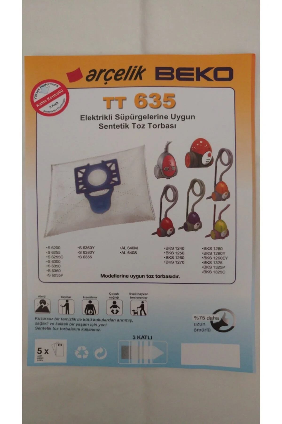 Arçelik TT 635 Süpürge Toz Torbası  5li